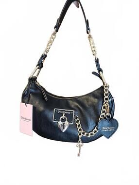 Juicy Couture Black Rolling On Hobo Shoulder Bag Gold Chain Heart Charm NWT Y2K